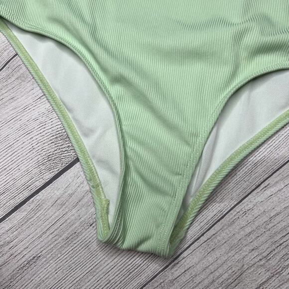 Zaful Sage Green Crinkle Ribbed One Piece Deep Scoop Neck One Piece Swimsuit S - Picture 2 of 8